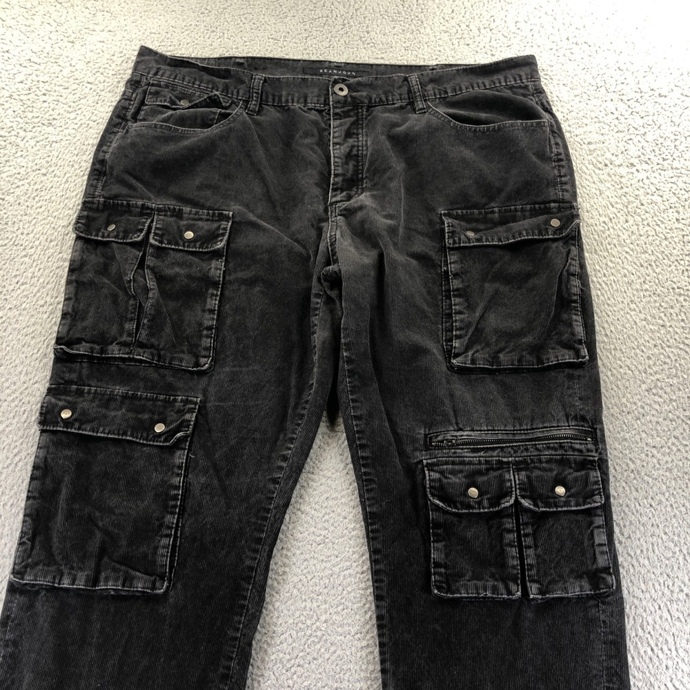 Sean John Pants Mens 42x33 Black Corduroy Cargo Paratrooper Y2K Straight Leg